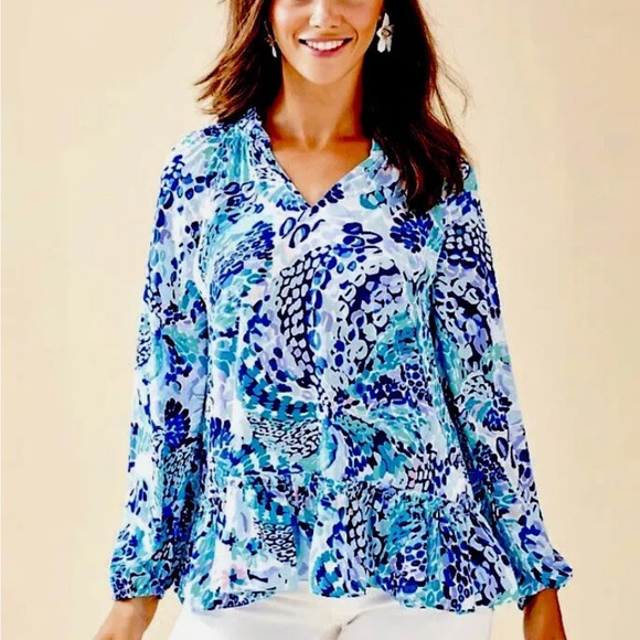 Lilly Pulitzer NWT Savanna Top Turquoise Wave After Wave $138 Size XXS - Picture 1 of 8